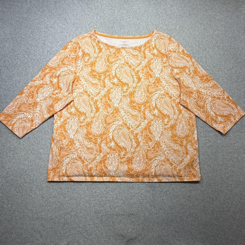 Talbots Tee Shirt Womens 3X Plus Orange Paisley 3/4 Sleeve Scoop Neck Stretch